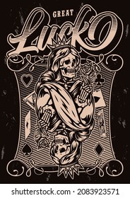 Gambling vintage monochrome poster with skeleton queen in crown with rose for playing cards vector illustration