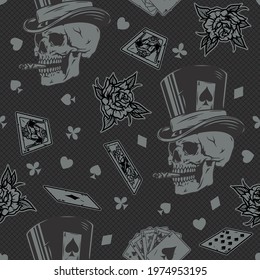 Gambling vintage monochrome seamless pattern with roses falling playing cards skull smoking cigar in top hat with ace of spades vector illustration