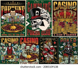 Gambling vintage posters with crown coins skull smoking cigar in hat croupier rich player roulette wheel casino chips dollar bills skeleton king of diamonds and gambler in tuxedo vector illustration