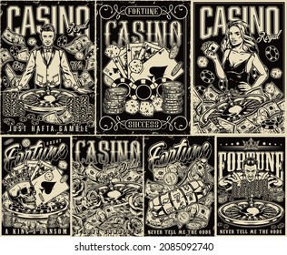 Gambling vintage posters with dice money casino chips roulette wheel slot machine pretty poker girl skull in crown roses croupier rich gambler royal flush of spades poker hand vector illustration