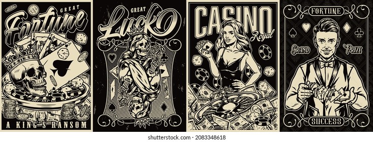 Gambling vintage posters with royal flush poker hand dice pretty girl with playing cards casino chips coins roulette wheel dollar bills croupier skeleton queen for playing cards vector illustration