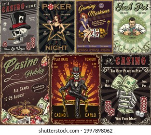 Gambling vintage posters with smiling man with casino chips skeleton gambler in tuxedo dollar bills dice skull smoking cigar pretty women in dress slot machine roulette wheel vector illustration