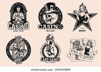 Gambling vintage prints with casino croupier shuffles cards gambler skull smoking cigar hand with burning ace of spades skeleton king and pretty poker lady playing cards isolated vector illustration