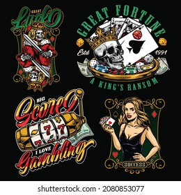 Gambling vintage prints with pretty poker girl slot machine dollar bills skeleton king of diamonds skull in crown dice casino chips flush of spades poker hand on roulette wheel vector illustration