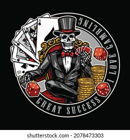 Gambling vintage round badge with royal flush of spades poker hand dice stacks of gold coins skeleton gambler in tuxedo and top hat sitting on chair with playing cards isolated vector illustration