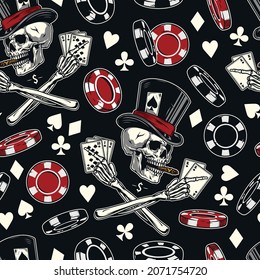 Gambling vintage seamless pattern with casino chips skull in top hat smoking cigar crossed skeleton hands holding playing cards vector illustration