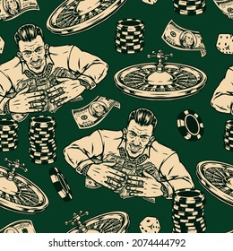 Gambling vintage seamless pattern with casino chips and roulette wheel dice rich successful gambler with stacks and rolls of dollar banknotes on green background vector illustration