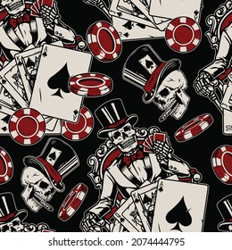 Gambling vintage seamless pattern with casino chips royal flush of spades poker hand skull in top hat smoking cigar skeleton in tuxedo sitting on chair with playing cards vector illustration