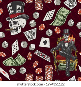 Gambling vintage seamless pattern with falling money casino chips dice playing cards skull in top hat smoking cigar skeleton in tuxedo with burning poker cards sitting on chair vector illustration