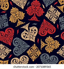 Gambling vintage seamless pattern with hearts diamonds clubs spades colorful elegant card suits symbols vector illustration