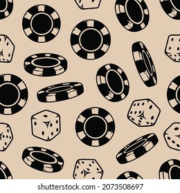 Gambling vintage seamless pattern in monochrome style with falling casino chips and dice vector illustration