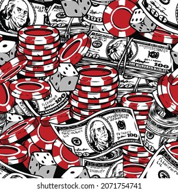 Gambling vintage seamless pattern with red casino chips dice and one hundred US dollar bills vector illustration