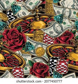 Gambling vintage seamless pattern with roulette wheel diamonds roses dollar banknotes stacks of casino chips and gold coins vector illustration