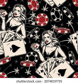 Gambling vintage seamless pattern with royal flush of spades poker hand casino chips attractive lady holding playing cards on dark background with stars vector illustration