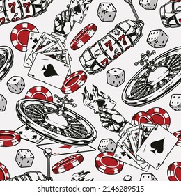 Gambling vintage seamless pattern with slot machine roulette wheel dice casino chips male hand holding burning playing card royal flush of spades poker hand vector illustration