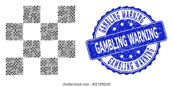 Gambling Warning dirty round seal and vector recursion mosaic chess cells. Blue stamp seal contains Gambling Warning caption inside round shape.