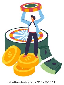 Gambling and winning money by playing, isolated man with chips and golden coins, dollar banknotes. Entertainment and leisure, wealth and jackpot. Luck and fortune, betting. Vector in flat style