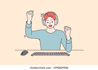 Gambling and winning victory concept. Cheerful enthusiastic happy man cartoon character gamer sitting winning computer game gesticulating vector illustration 