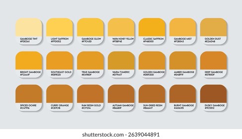 Gamboge Color Palette. Core Gamboge Shades Swatch Chart with HEX Codes and Color Names. Earthy and Rich Variants orange Tone Palette. Burnt and Sunset Gamboge Variants Color Palette, light oranges