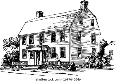 Gambrel Roof Is The Same House With The Fine Effect, Upper Slope Is Positioned At A Shallow Angle, Lower Slope Is Steep, Vintage Line Drawing Or Engraving Illustration.