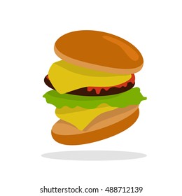 Gamburger banner. Hamburger with meat lettuce cheese onion and tomato. Junk food. Consumption of high calories nourishment fast food. Part of series of promotion healthy diet and good fit. Vector