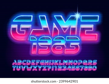 Game 1983 alphabet typeface. 80s style glowing neon letters and numbers. Stock vector typescript for your design.