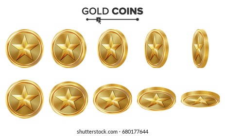 Game 3D Gold Coin Vector With Star. Flip Different Angles. Achievement Coin Icons, Sign, Success, Winner, Bonus, Cash Symbol. Illustration Isolated On White. For Web, Game Or App Interface.
