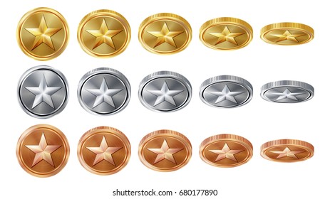 Game 3D Gold, Silver, Bronze Coins Set Vector With Star. Flip Different Angles. Achievement Coin Icons, Sign, Success, Winner, Bonus, Cash Symbol. Illustration Isolated. For Web, Game App Interface