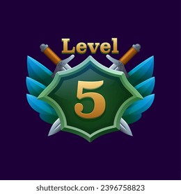 Game 5 level badge on shield with swords for GUI interface, vector trophy award icon. 5 level popup badge with blue wings and daggers for video game arcade next level achievement or gamer rank award