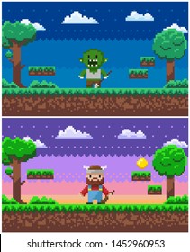Game in 8 or 16 bit style vector, pixel art characters on scene with trees and bushes, viking with weapon and troll, points for score gold medal coin, pixelated video-game landscape