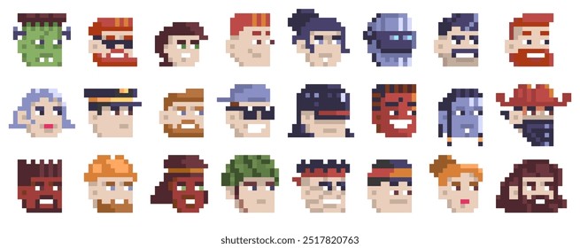 Game 8-bit avatar. Retro pixelated male and female characters avatars, old school 2d video game characters. Vector cartoon game faces set.