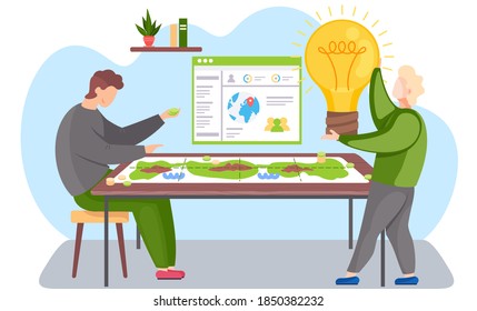 Game about nature and the environment on the table. Guy picks up green chips. Travel guide on background. Man holding a glowing light bulb in his hands. Guys play board game and spend time together