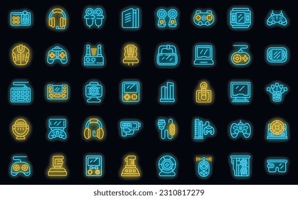 Game accessories icons set outline vector. Videogame controller. Gamer computer neon color on black