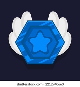 Game achievement badge or rank icon cartoon. Blue award or medal reward. Level up coin with star and element for ui asset. Trophy symbol vector illustration