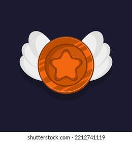 Game achievement badge or rank icon cartoon. Bronze award or medal reward. Level up coin with star and element for ui asset. Trophy symbol vector illustration