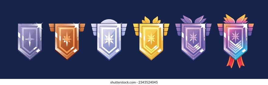 Game Achievement Badges, Metallic Level Ui Icons, Iron, Bronze, Silver Or Steel, Gold, And Platinum Banners With Wings