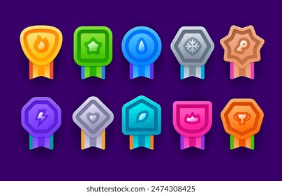 Logro del juego medalla insignia, nivel rango. Vector de iconos de trofeos coloridos, cintas de activos en colores vibrantes con símbolos para reconocer los logros en los juegos y mejorar la experiencia del usuario