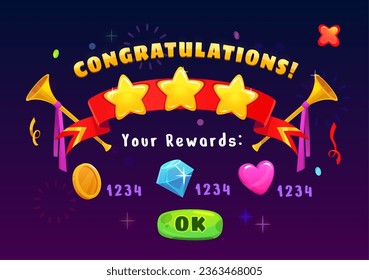 Game achievement reward, interface badge and icons with congratulation ribbons and stars, vector GUI. Game level complete and rewards summary with coin, heart and diamond bonus win for arcade game