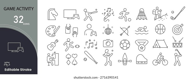 Game activity icons set. Includes icons for gaming actions, play, competition, strategy, rewards, levels, and interactive activities. Ideal for mobile games , apps and  e-sports visuals. Editable stroke.