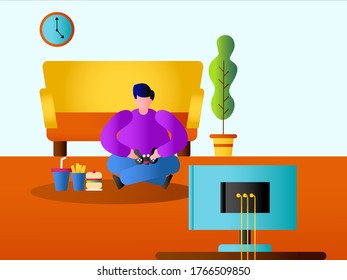 Game addiction bad habit vector concept: Overweight man eating junk food  while playing video games in his living room