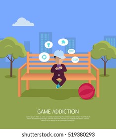 Game addiction banner. Boy whis smartphone sitting on wooden bench in the park. Boy with dialog window. Boy using tablet. Urban cityscape with boy, park, bench, trees, blue sky and white clouds