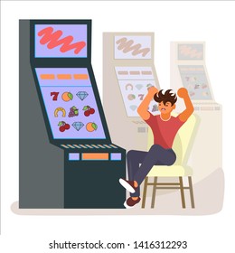 Game addiction concept. Furious man is lose everything, during slot machines game in the casino. Flat Art Vector illustration
