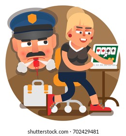 Game addiction concept vector illustration. Inspector checking up your temptations. Playing computer games in working time in the office on laptop. 