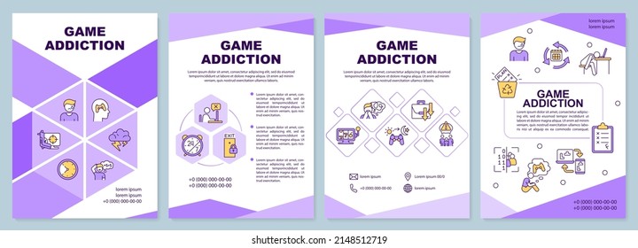 Plantilla de folleto sobre adicción al juego púrpura. Desorden de juegos de Internet. Diseño del prospecto con iconos lineales. 4 diseños vectoriales para presentación, informes anuales. Arial-Black, Myriad Pro-Regular fuentes utilizadas