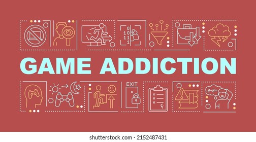 Game addiction word concepts red banner. Emotional obsession problem. Infographics with icons on color background. Isolated typography. Vector illustration with text. Arial-Black font used