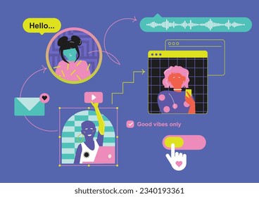 Game aesthetic. Composition with dream team, trendy stickers Y2k. Digital fashion girls. Online communication, video call in messengers and social networks. New generation. Flat designer for digital