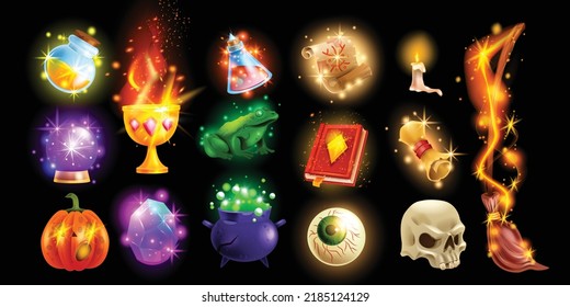 Game Alchemical Icon Set, Vector Magic UI Object, Witch Broomstick, Wizard Cauldron, Potion Bottle. Crystal Ball, Divination Old Book, Halloween Pumpkin, Creepy Eye, Skull. Magic Object Collection 