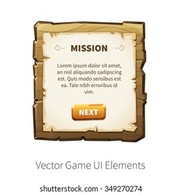 Game Alert. Message Screen. Vector Graphical User Interface (UI GUI) For 2d Video Games. Wooden Menu, Panels And Buttons For Menu.