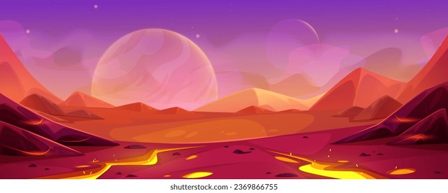 Game alien planet landscape with red ground surface. Cartoon vector fantastic outer space scenery of cosmic land with hills and mountains. Fantasy background with starry terrain with pink sky.