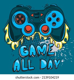 Game all day. Typography gamer print with joystick. For boys graphic tees